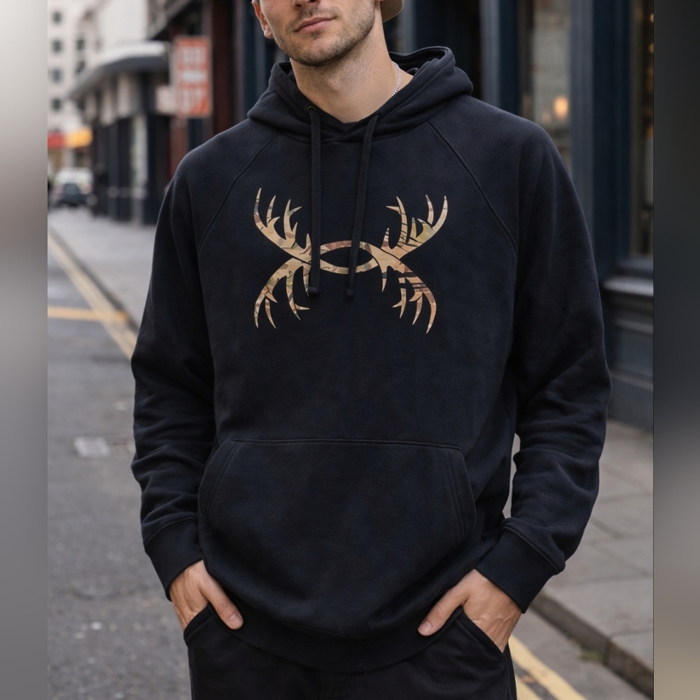 Under Armour Black Hoodie Men’s Size L Camo Antler Logo Pullover Sweatshirt